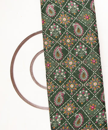 Forest Green Colour Traditional Print Kota Doria Fabric
